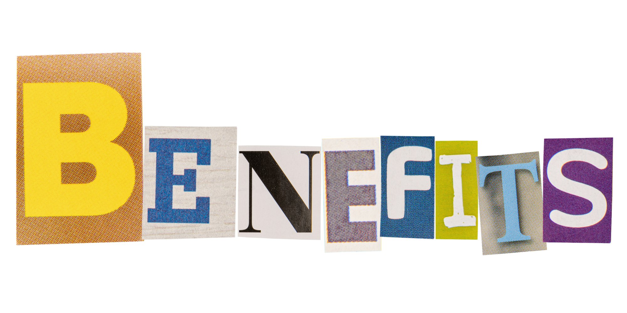 The word benefits made from cutout letters
